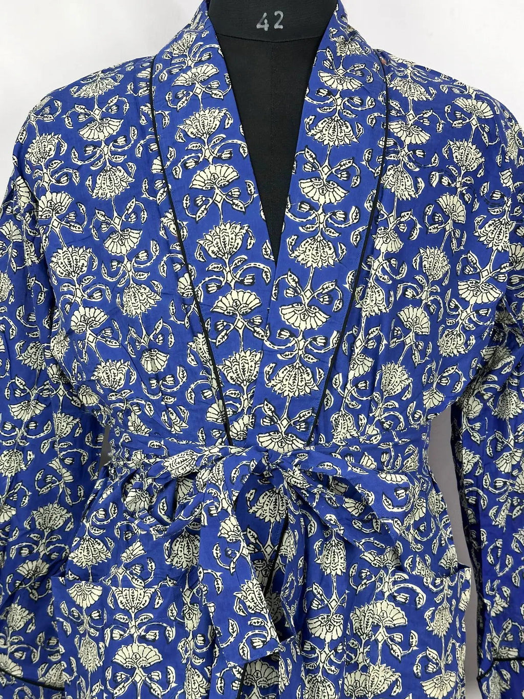 Men's block-printed Cotton Kimono Robe in blue white lotus