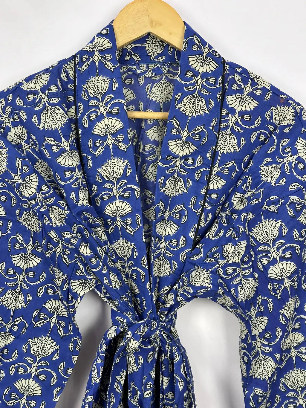 Men's block-printed Cotton Kimono Robe in blue white lotus