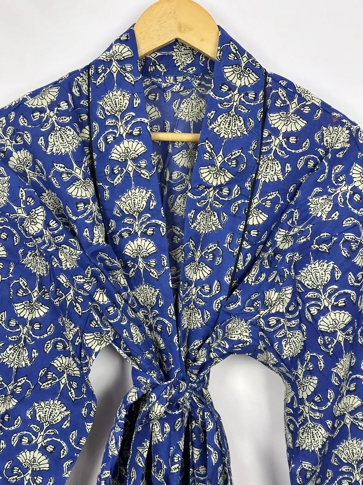 Men's block-printed Cotton Kimono Robe in blue white lotus