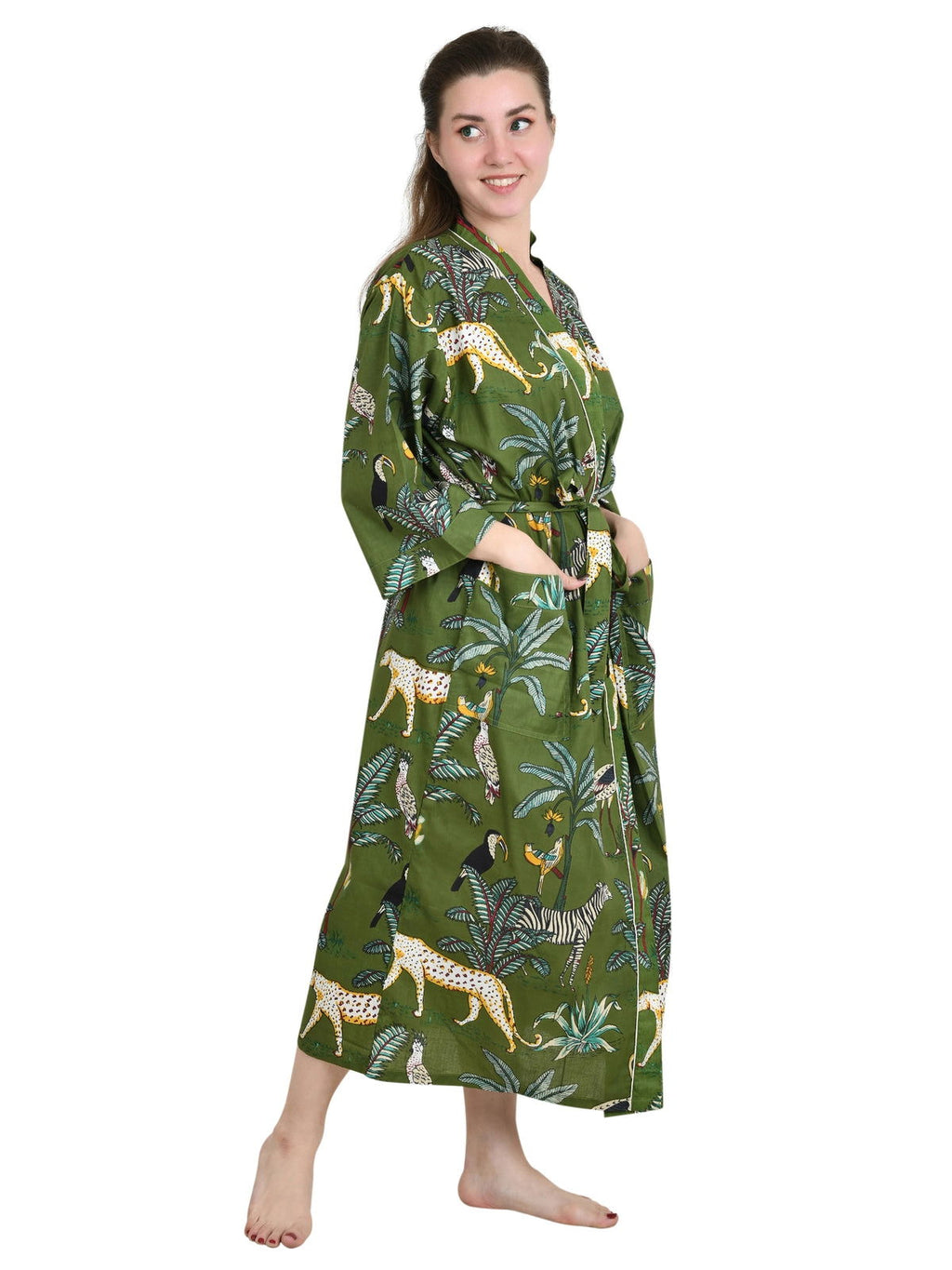 Women's block-printed Cotton Kimono Robe in floral