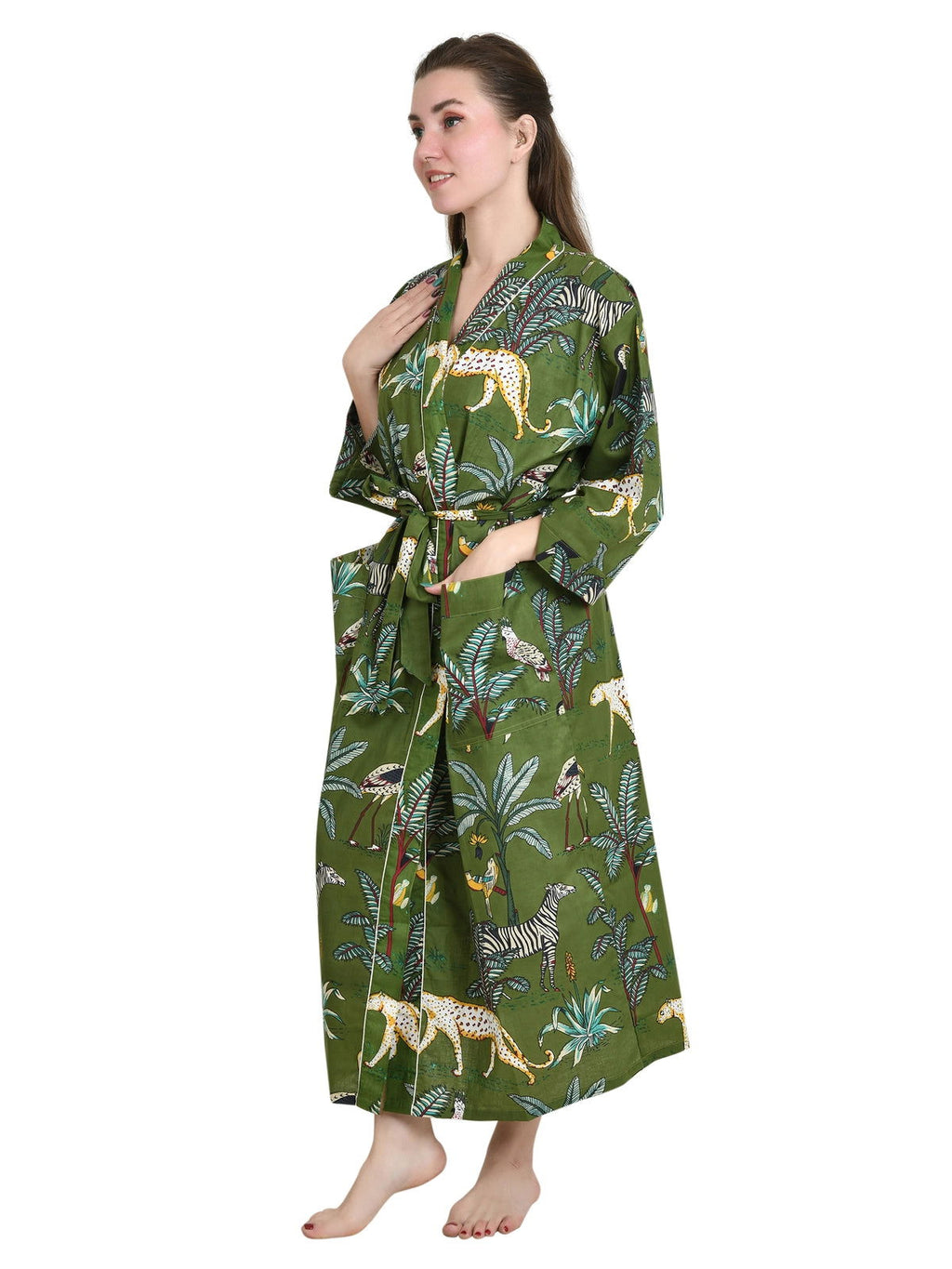 Women's block-printed Cotton Kimono Robe in floral