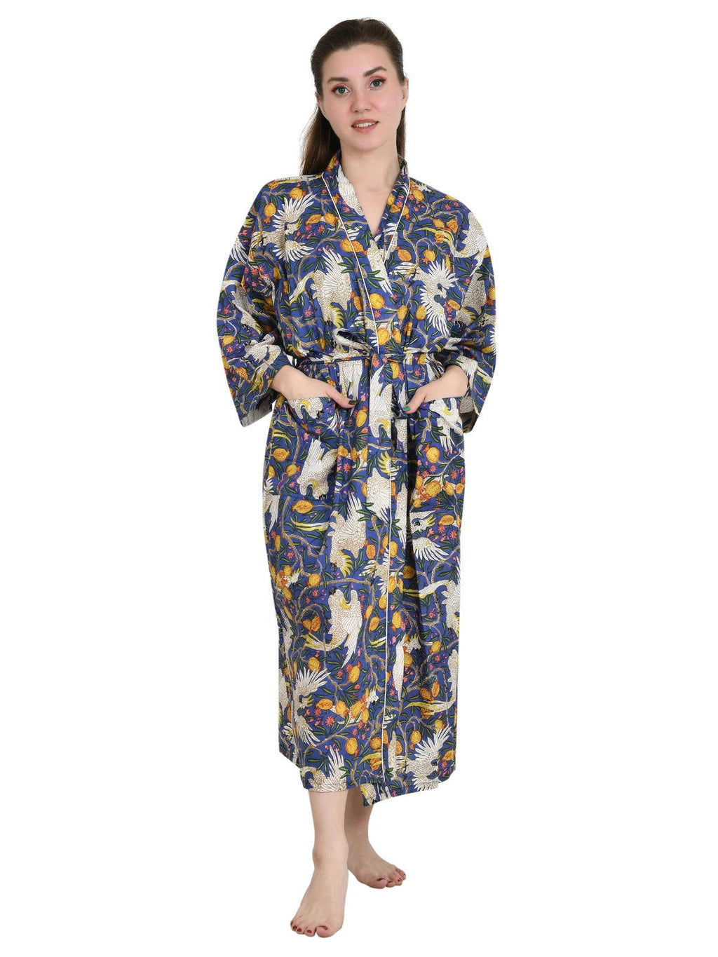 Women's block-printed Cotton Kimono Robe in floral
