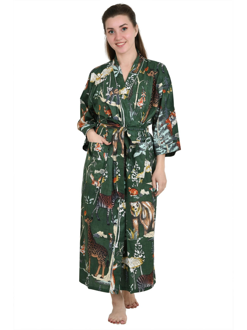 Women's block-printed Cotton Kimono Robe in floral