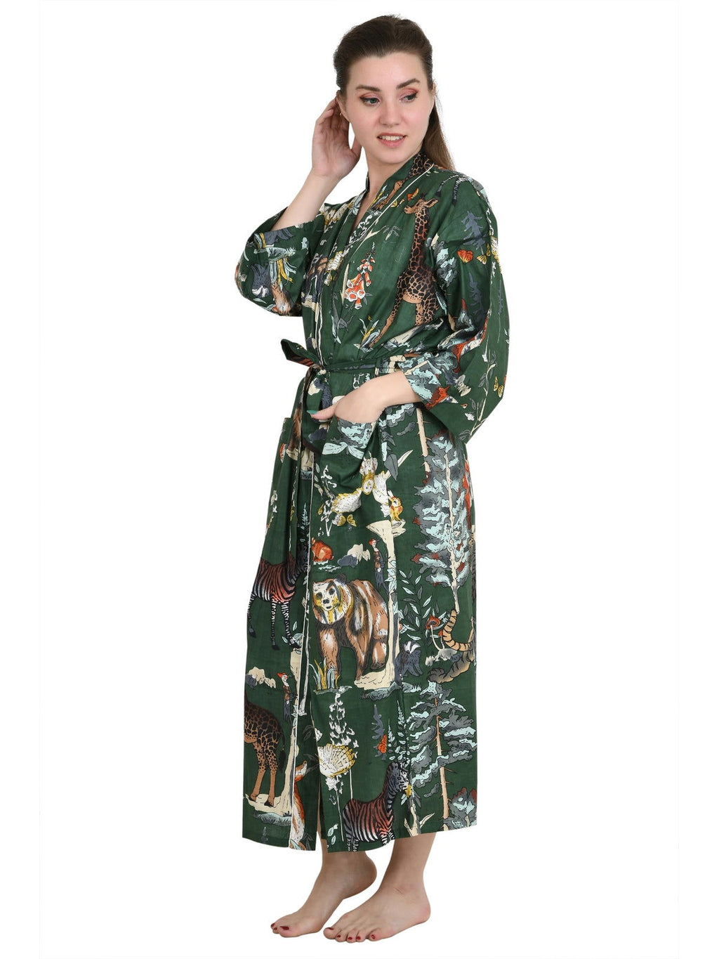 Women's block-printed Cotton Kimono Robe in floral