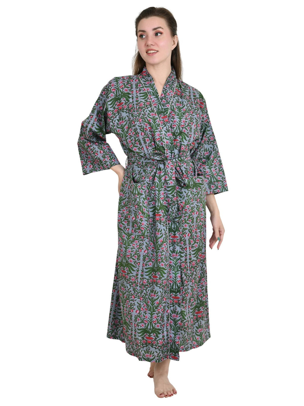 Women's block-printed Cotton Kimono Robe in indigo floral