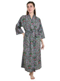 Women's block-printed Cotton Kimono Robe in indigo floral