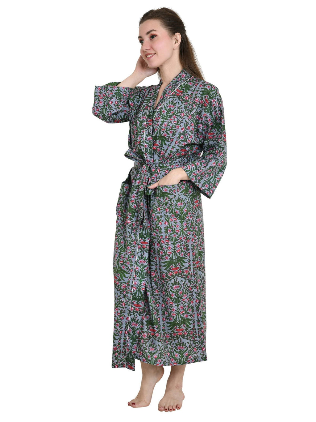 Women's block-printed Cotton Kimono Robe in indigo floral