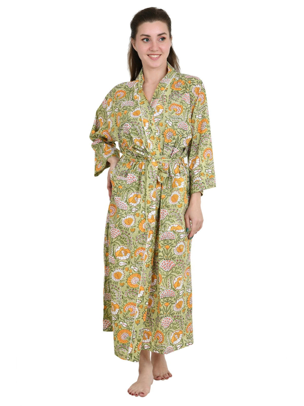 Women's block-printed Cotton Kimono Robe in indigo floral