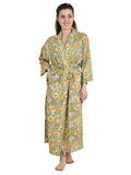 Women's block-printed Cotton Kimono Robe in indigo floral