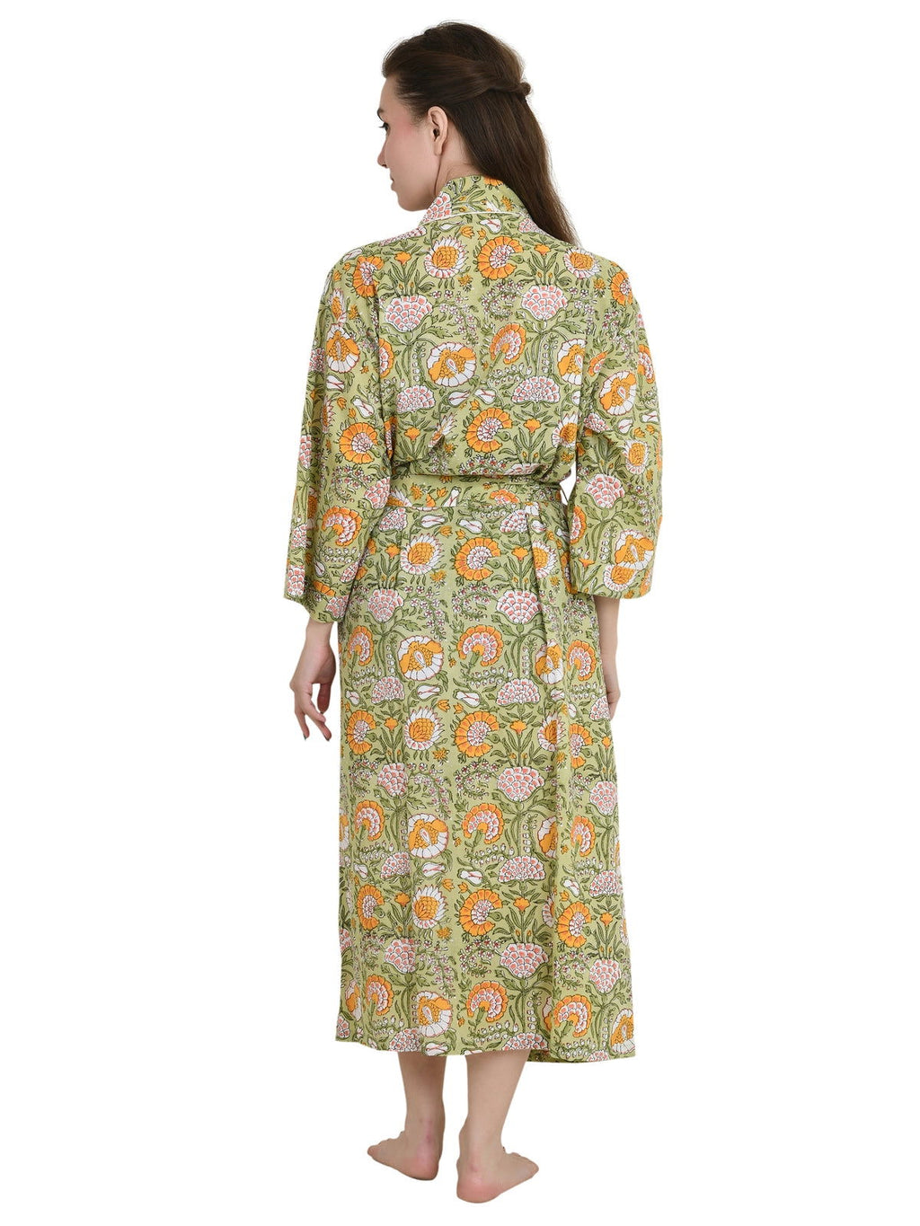Women's block-printed Cotton Kimono Robe in indigo floral