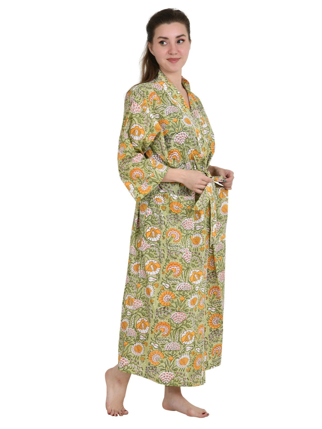 Women's block-printed Cotton Kimono Robe in indigo floral