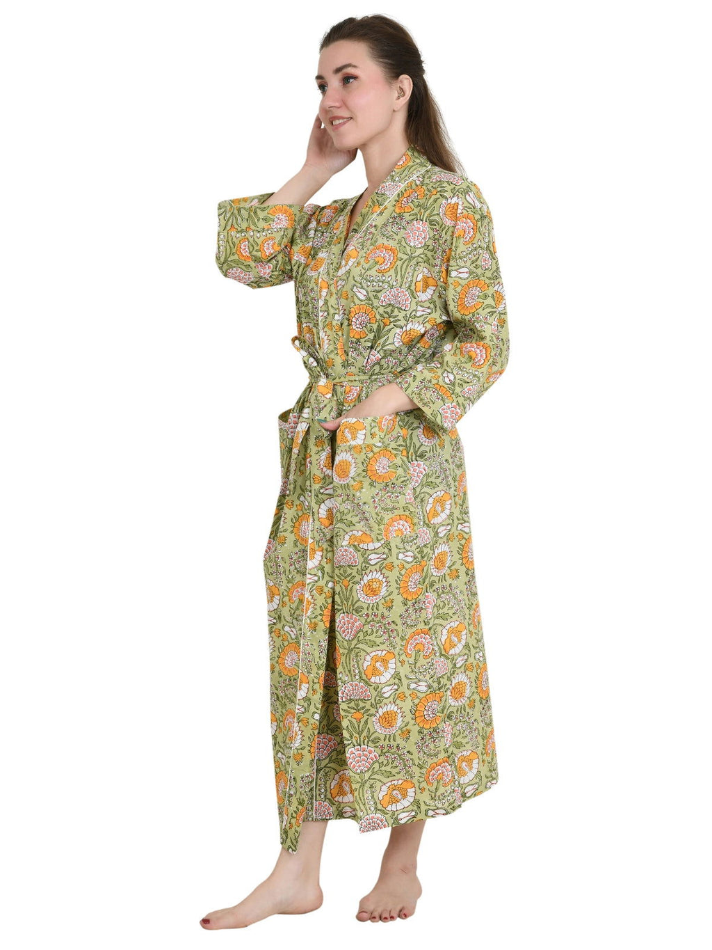 Women's block-printed Cotton Kimono Robe in indigo floral