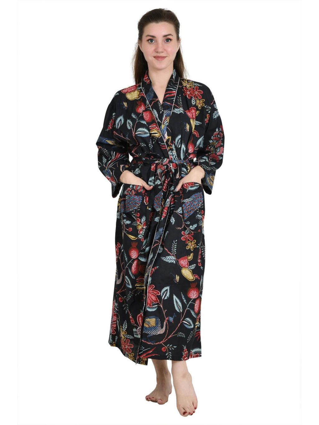 Women's block-printed Cotton Kimono Robe in floral