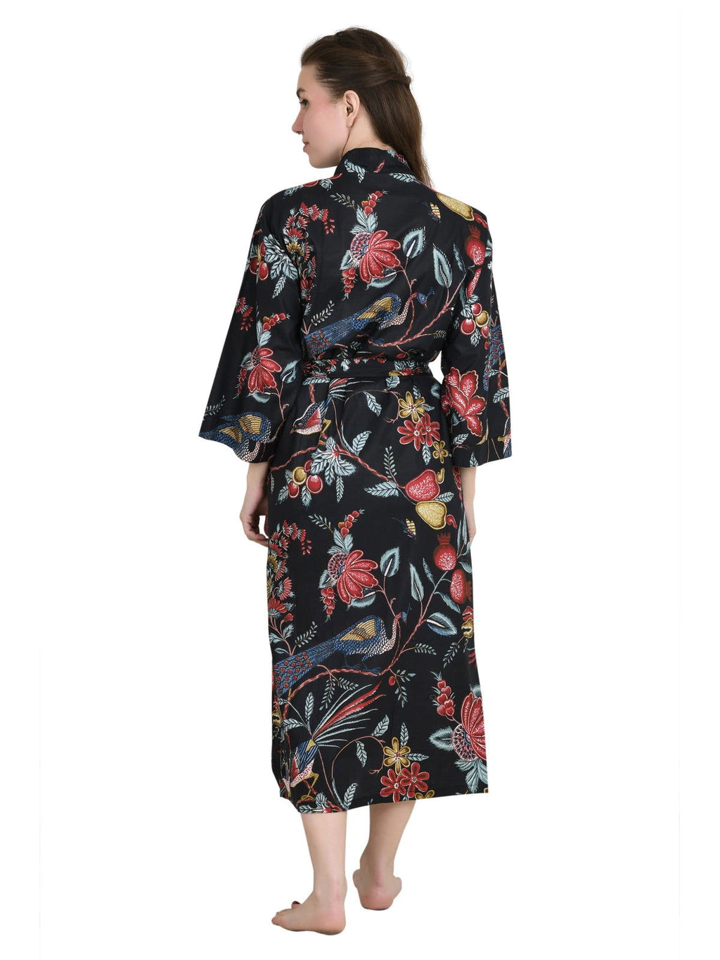 Women's block-printed Cotton Kimono Robe in floral