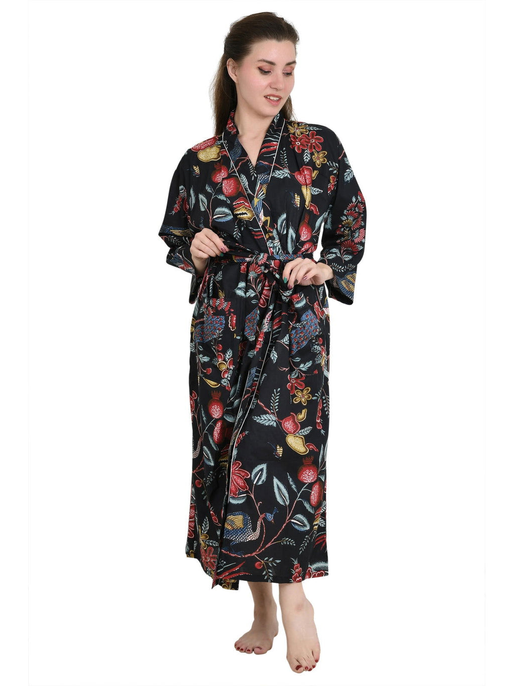 Women's block-printed Cotton Kimono Robe in floral