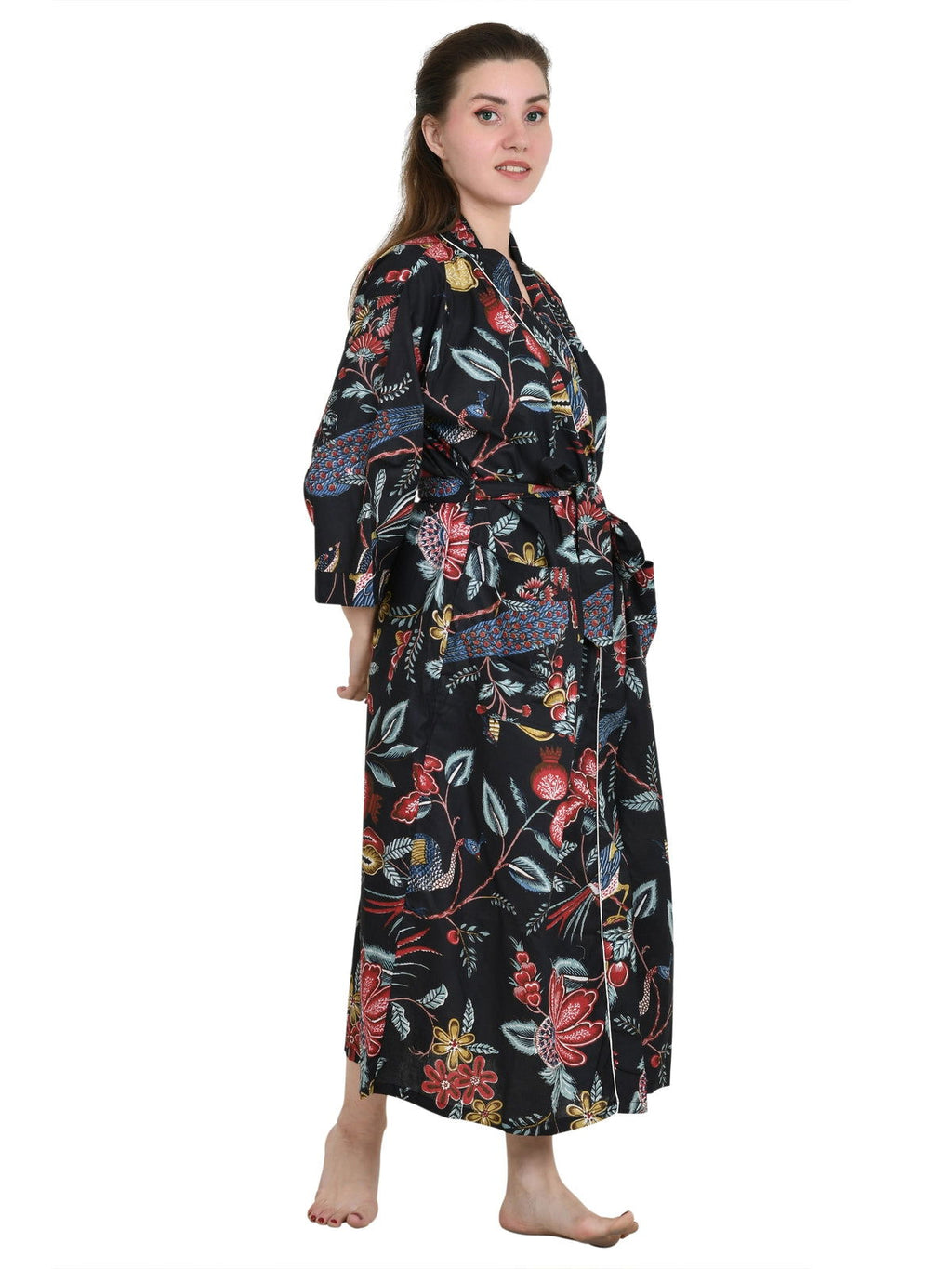 Women's block-printed Cotton Kimono Robe in floral