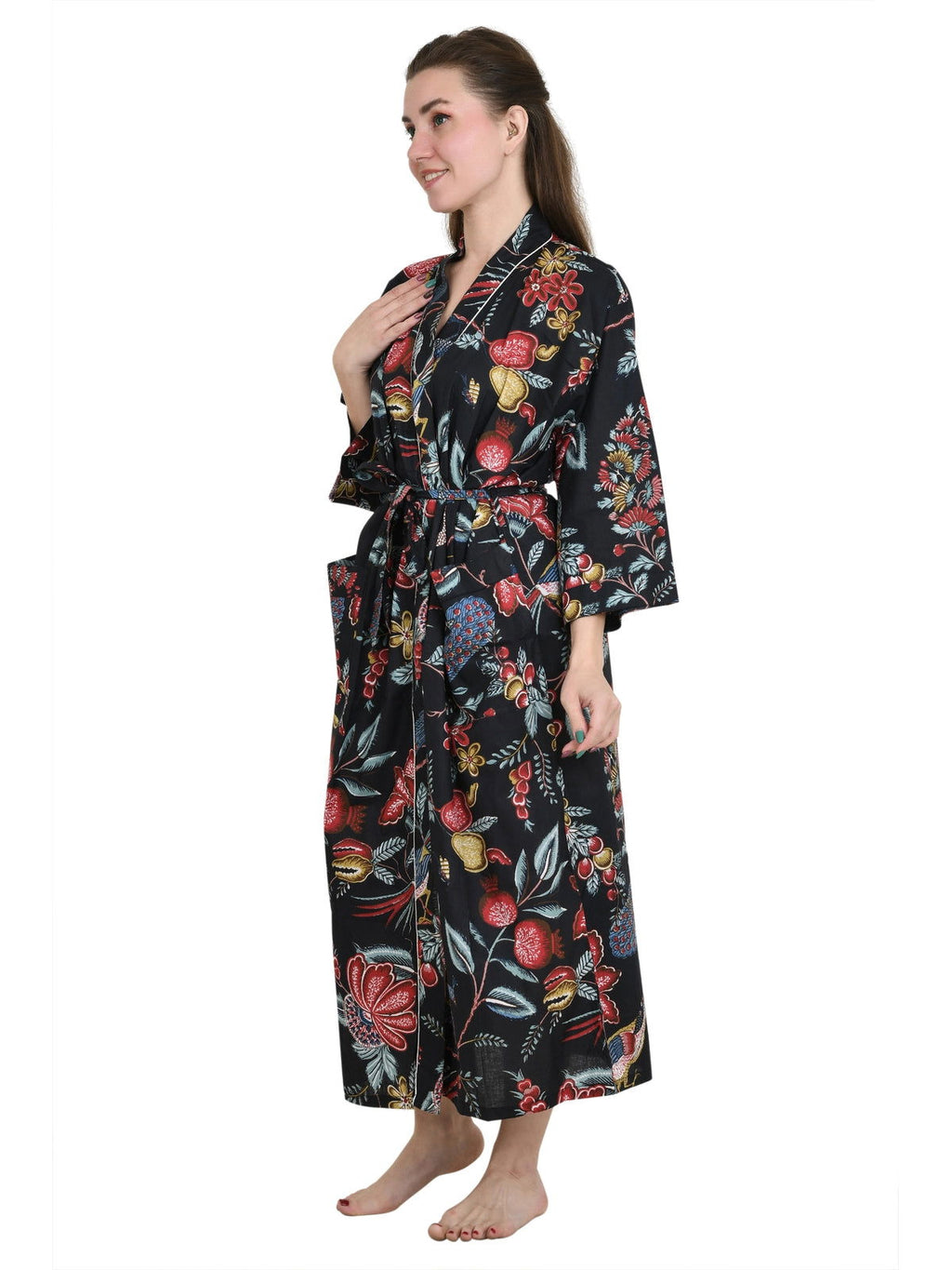 Women's block-printed Cotton Kimono Robe in floral
