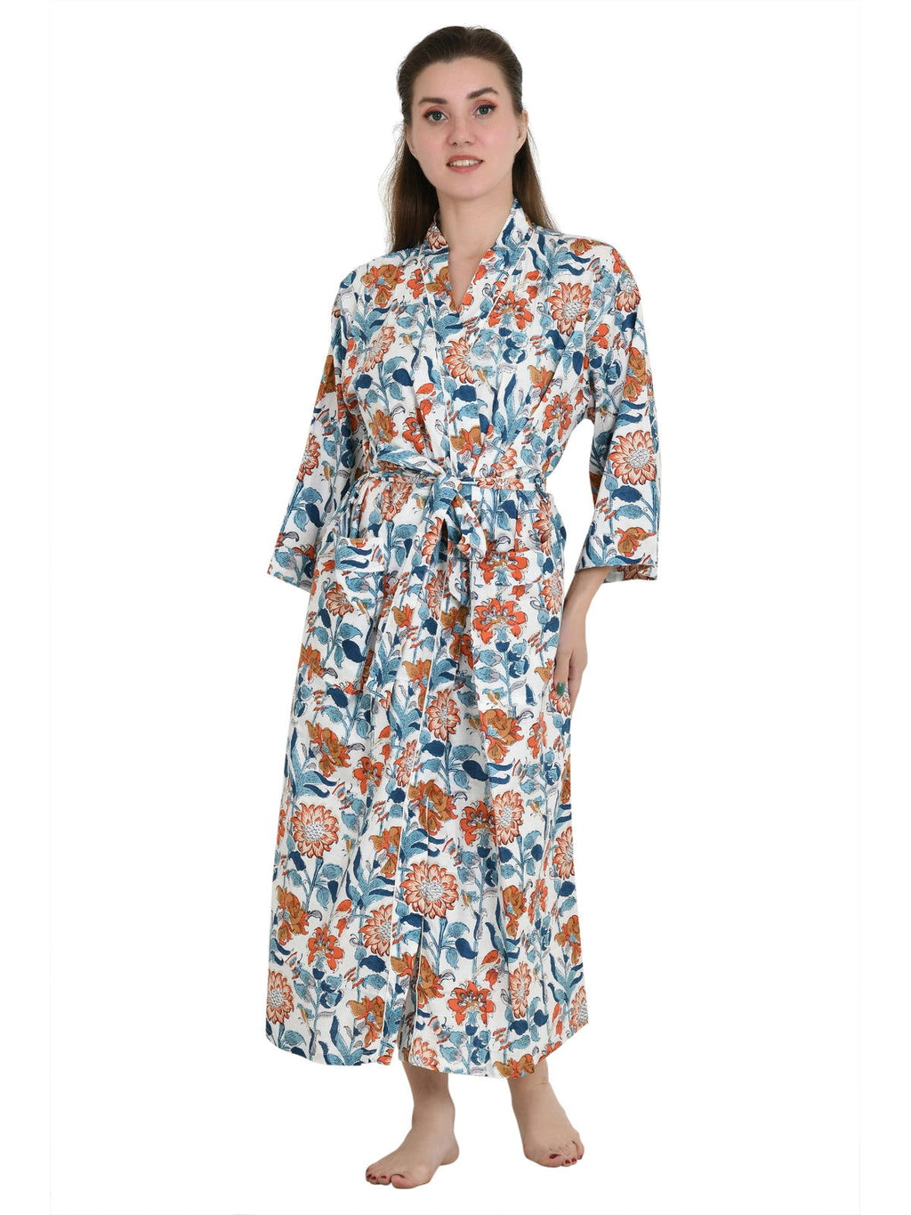 Women's block-printed Cotton Kimono Robe in floral
