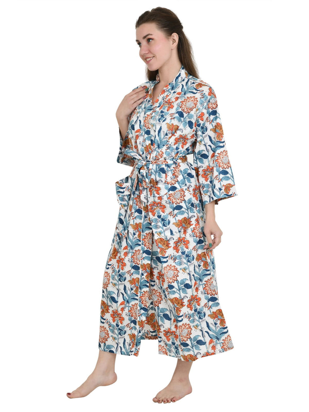 Women's block-printed Cotton Kimono Robe in floral