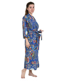 Women's block-printed Cotton Kimono Robe in floral