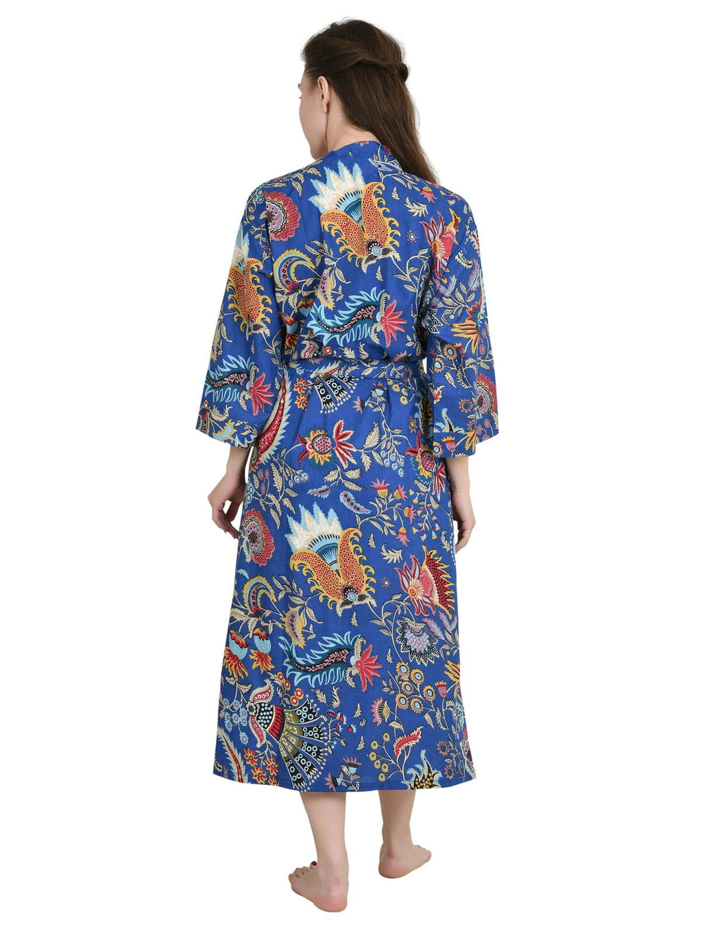 Women's block-printed Cotton Kimono Robe in floral