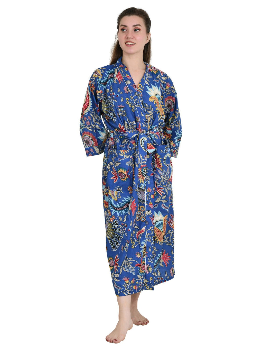 Women's block-printed Cotton Kimono Robe in floral