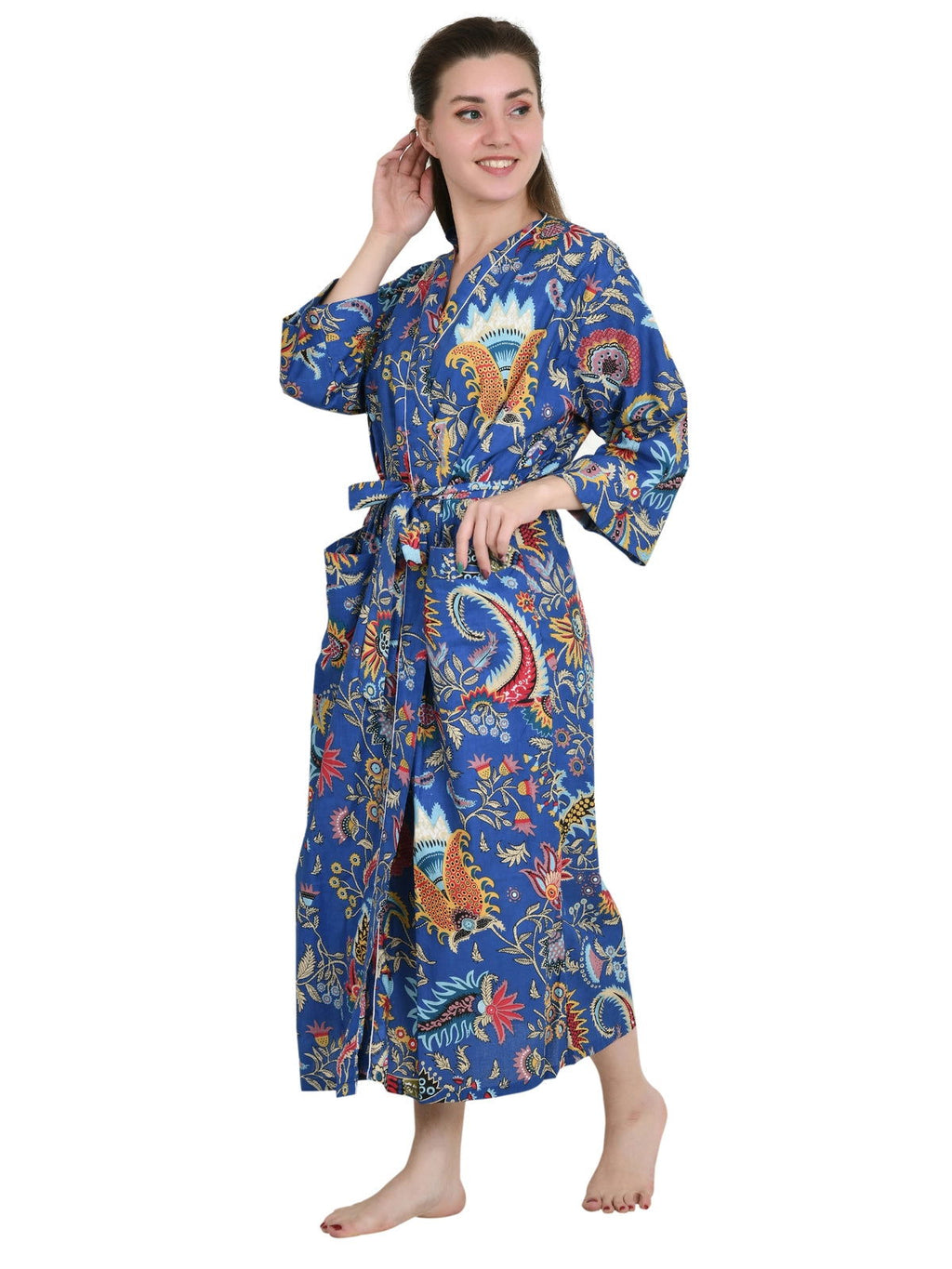 Women's block-printed Cotton Kimono Robe in floral