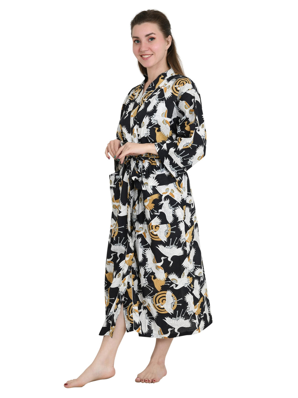 Women's block-printed Cotton Kimono Robe in bird