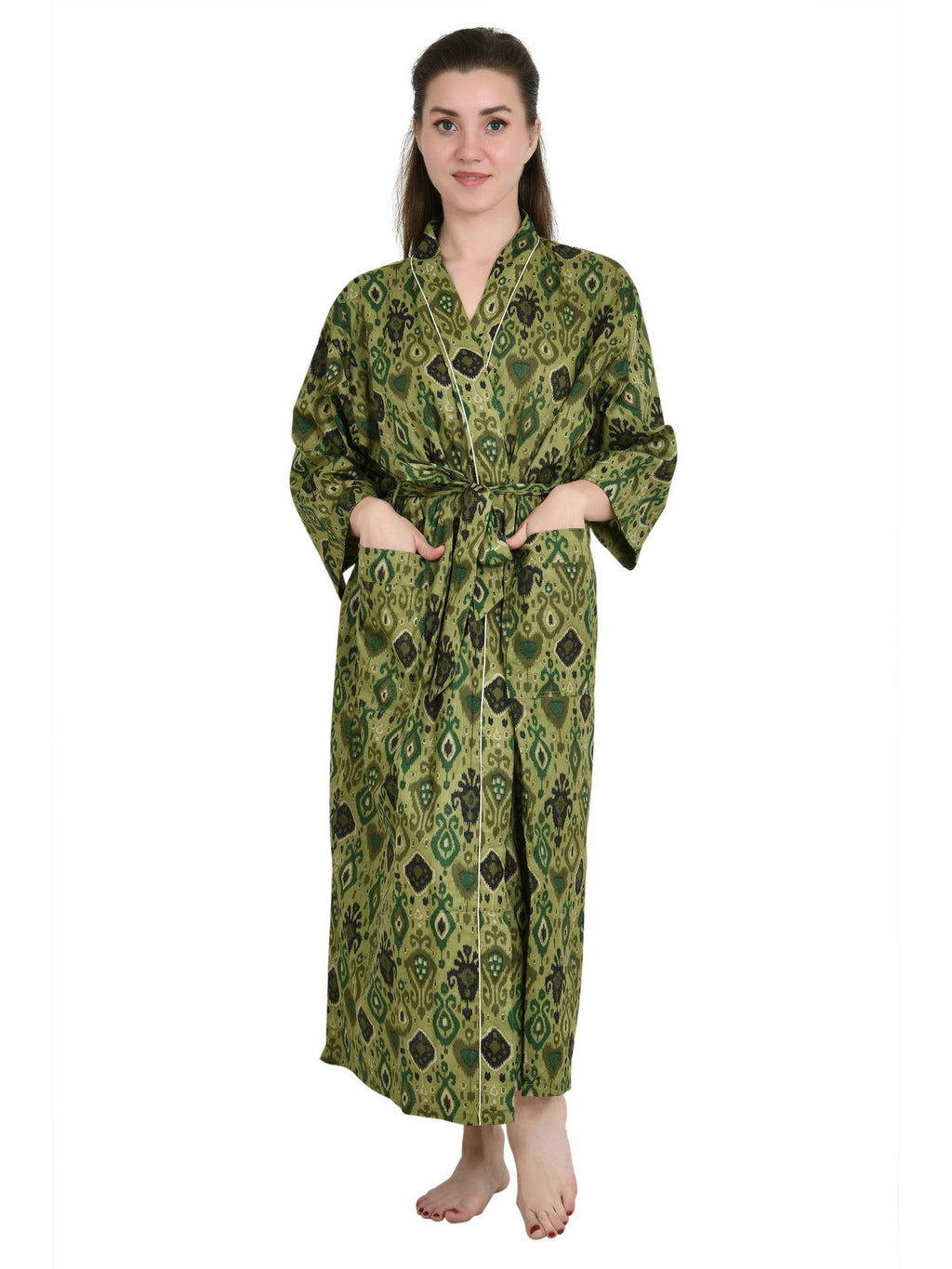 Women's block-printed Cotton Kimono Robe in ikat