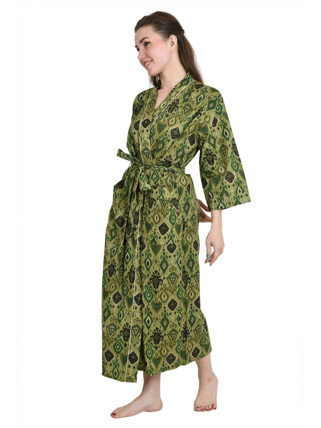 Women's block-printed Cotton Kimono Robe in ikat