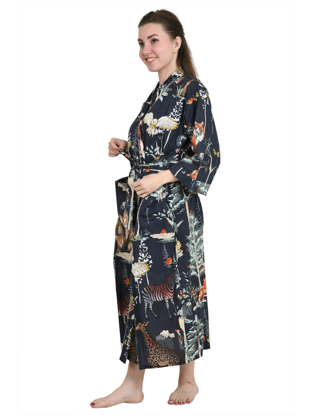 Women's block-printed Cotton Kimono Robe in floral