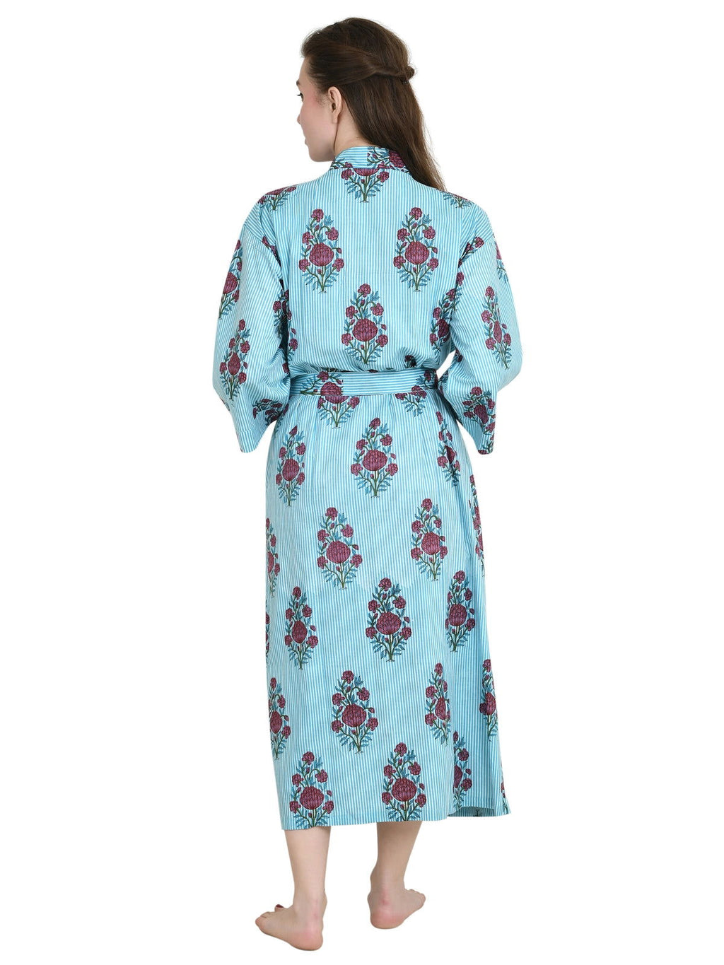Women's block-printed Cotton Kimono Robe in striped
