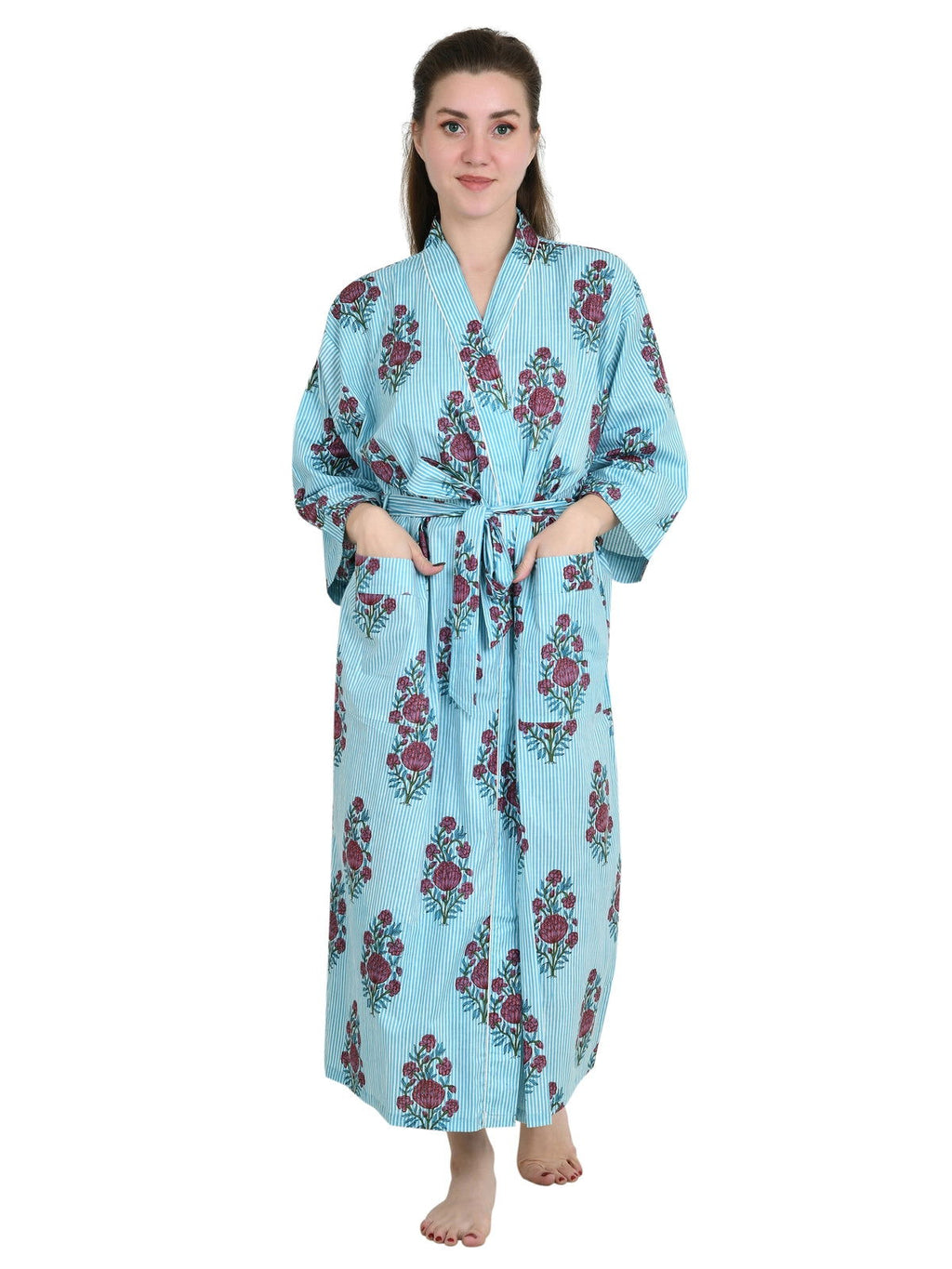 Women's block-printed Cotton Kimono Robe in striped