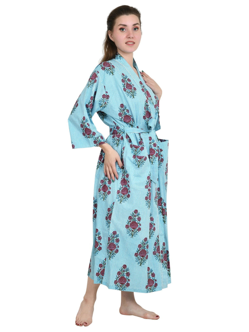Women's block-printed Cotton Kimono Robe in striped