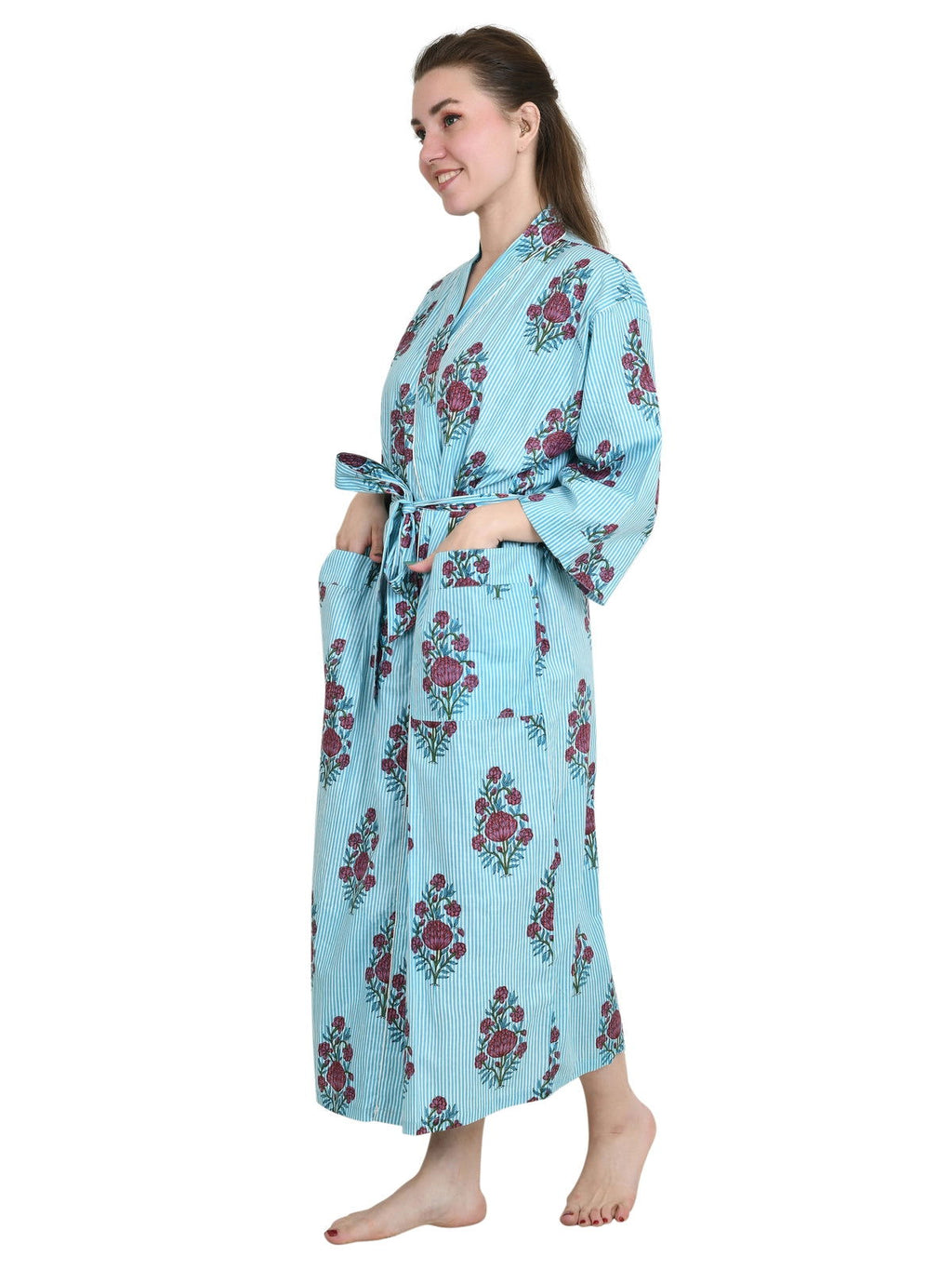 Women's block-printed Cotton Kimono Robe in striped