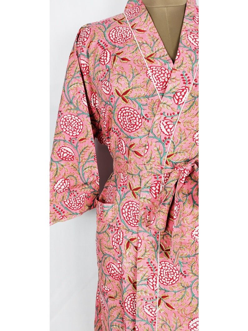 block-printed Cotton Kimono Robe in pink floral