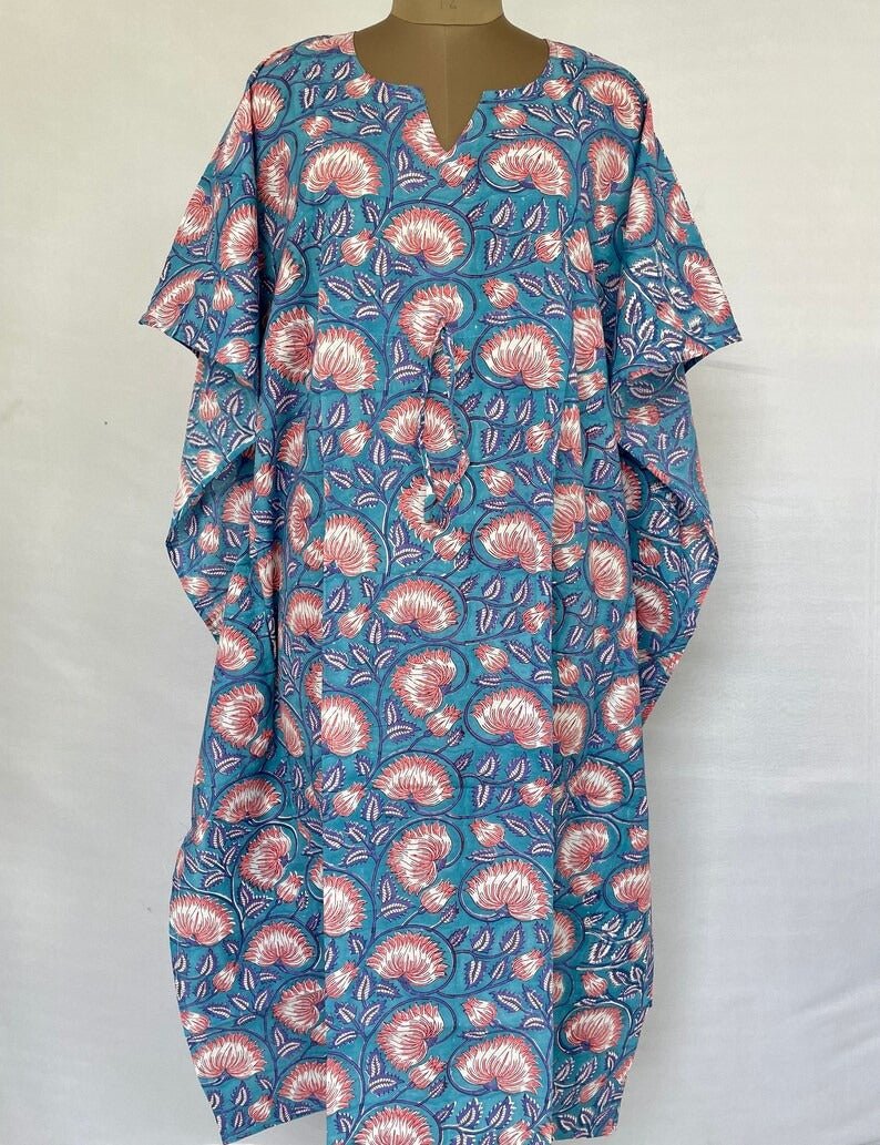 block-printed Cotton Kaftan Dress in blue pink lotus