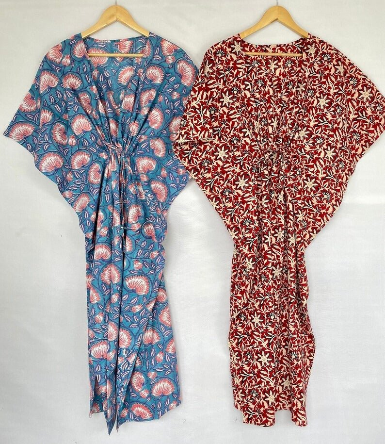 block-printed Cotton Kaftan Dress in blue pink lotus