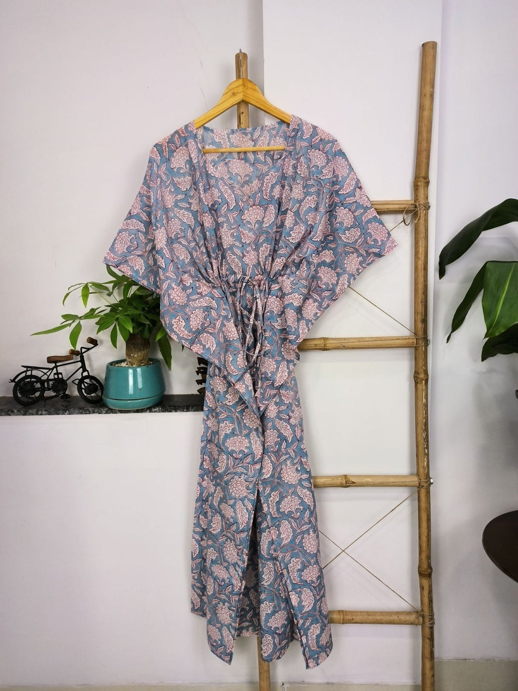 Women's block-printed Cotton Kaftan Dress in grey floral