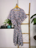 Women's block-printed Cotton Kaftan Dress in grey floral