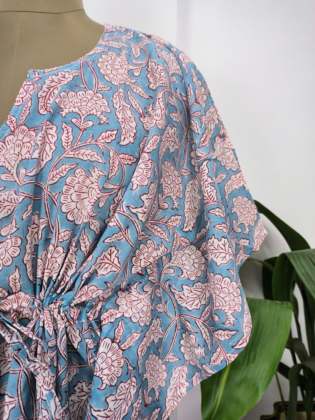 Women's block-printed Cotton Kaftan Dress in grey floral