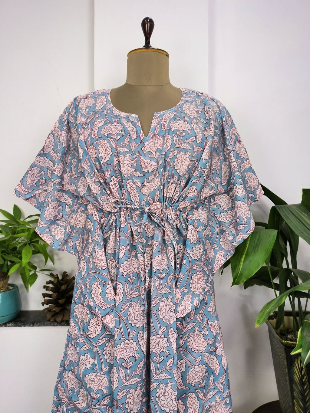 Women's block-printed Cotton Kaftan Dress in grey floral