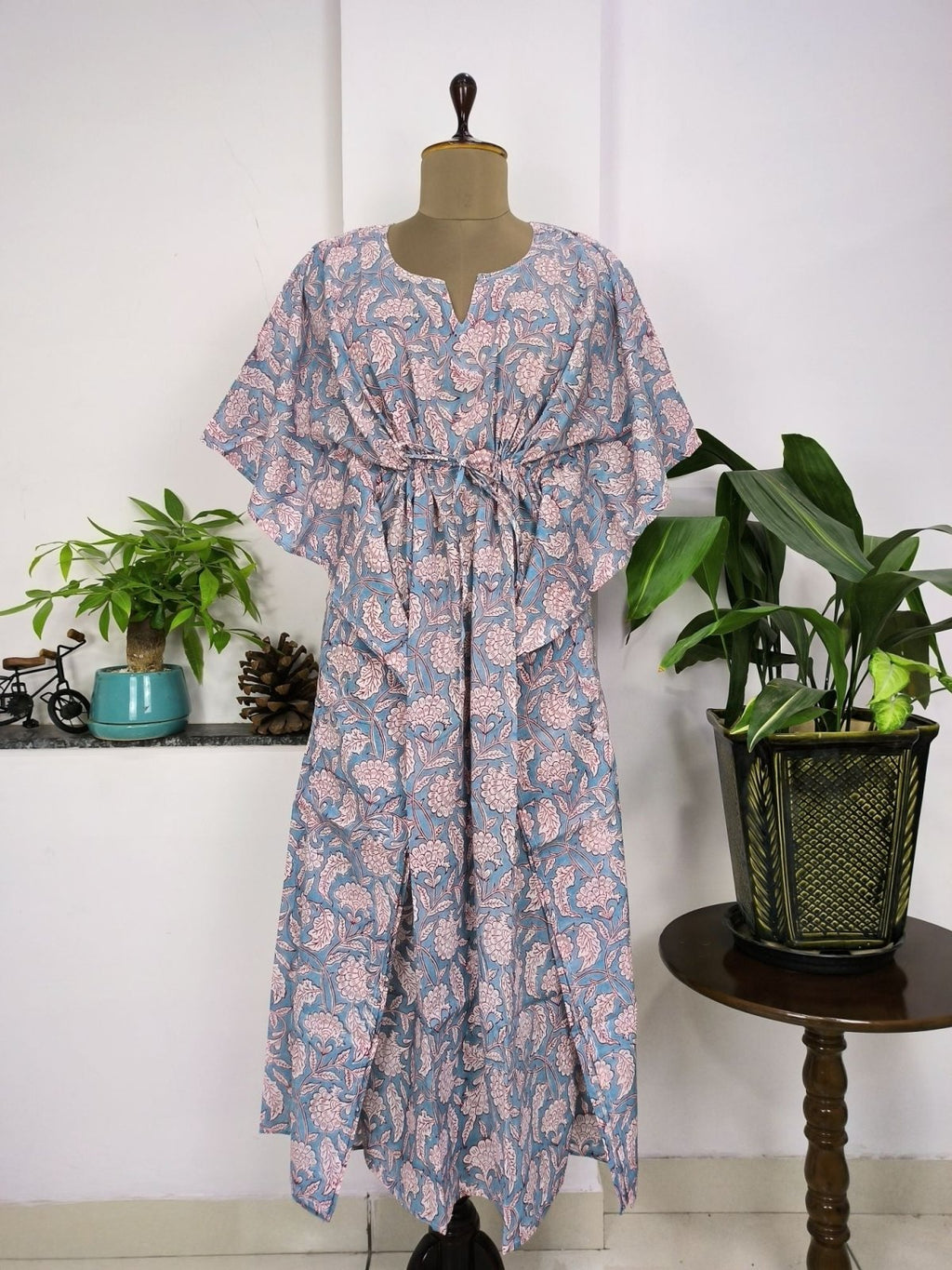 Women's block-printed Cotton Kaftan Dress in grey floral