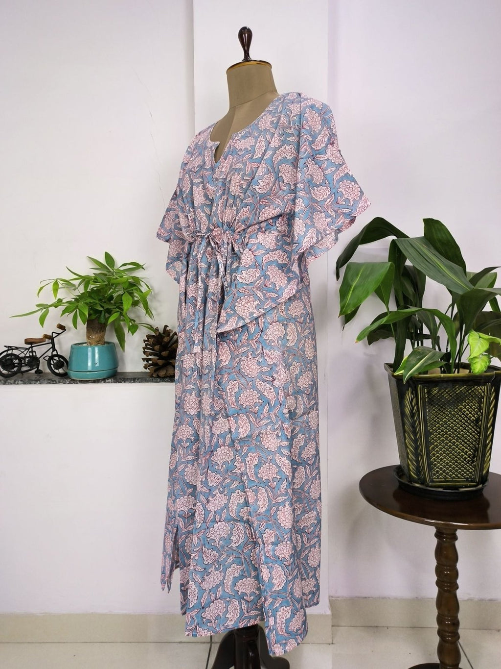 Women's block-printed Cotton Kaftan Dress in grey floral