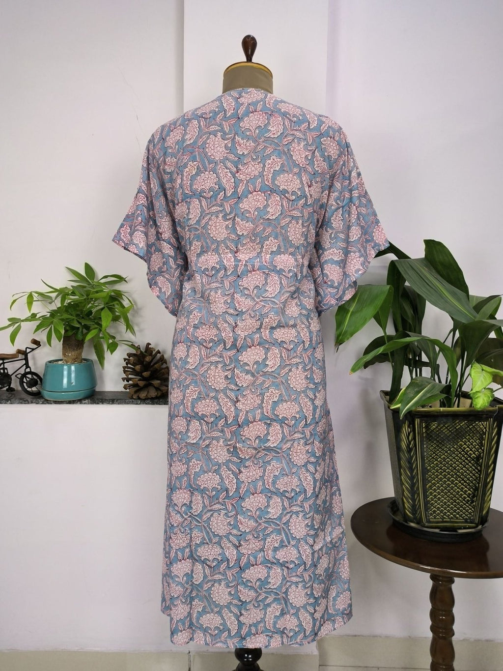 Women's block-printed Cotton Kaftan Dress in grey floral