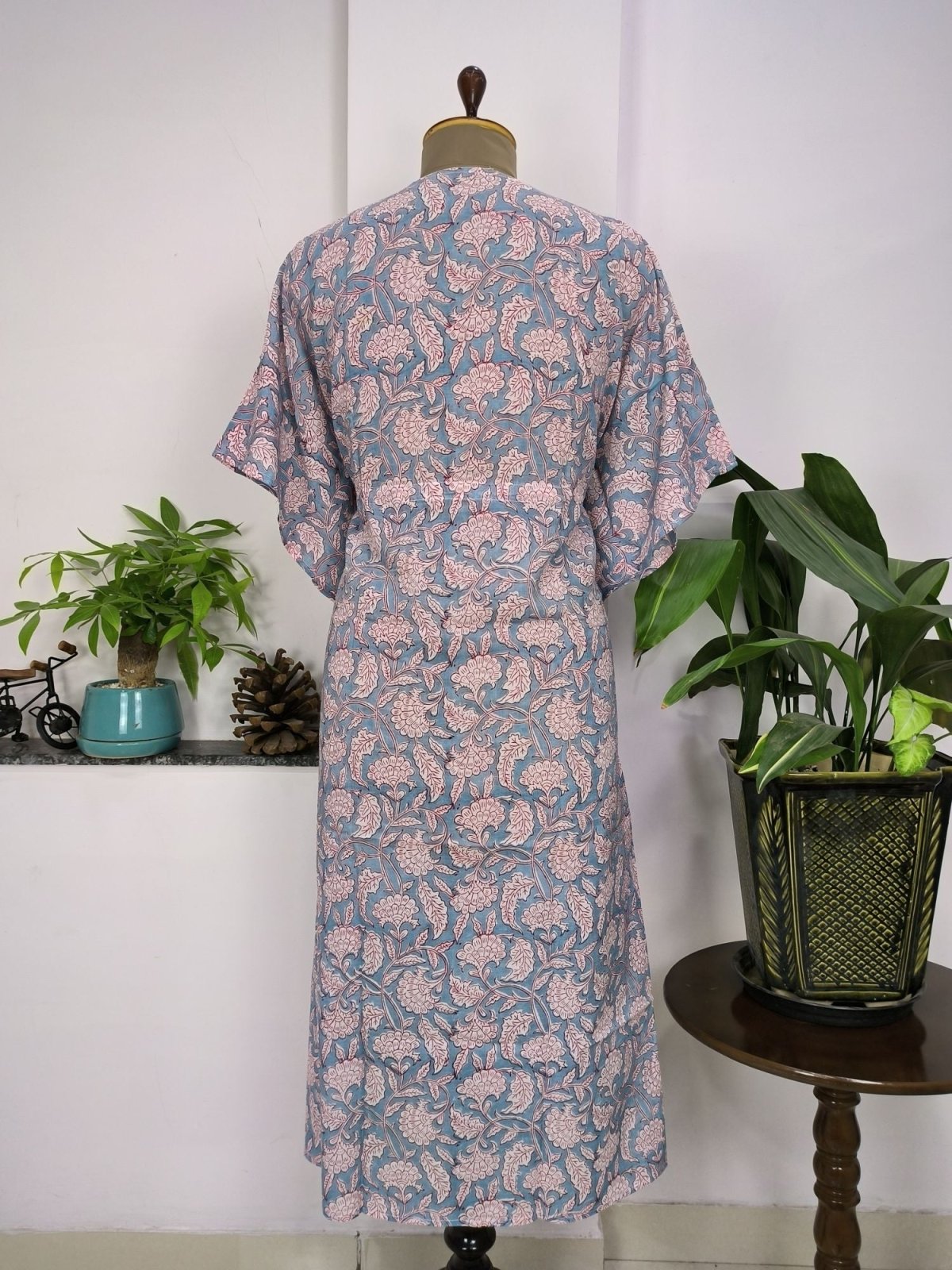 Women's block-printed Cotton Kaftan Dress in grey floral