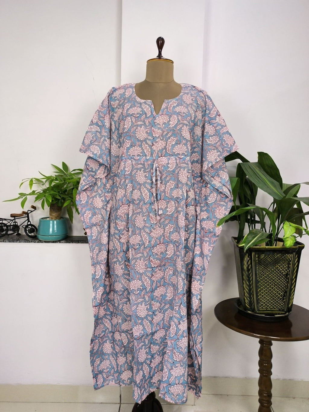 Women's block-printed Cotton Kaftan Dress in grey floral