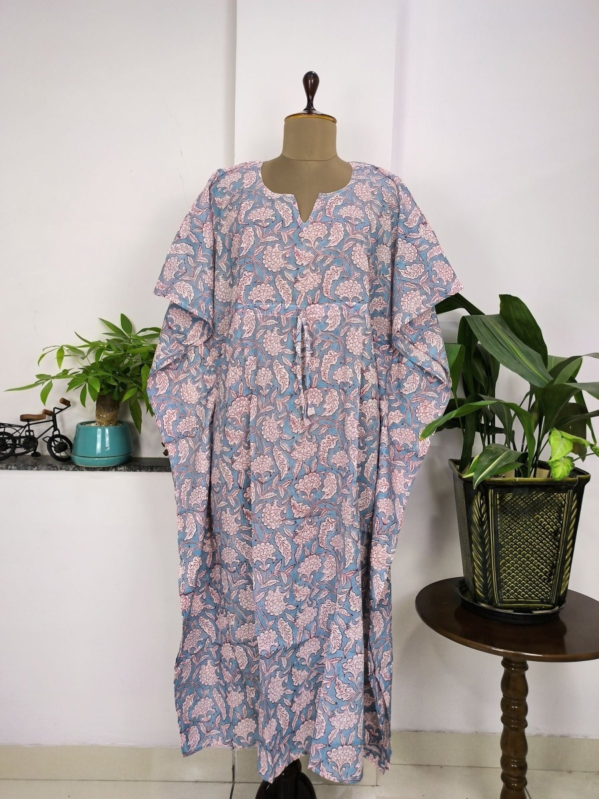 Women's block-printed Cotton Kaftan Dress in grey floral