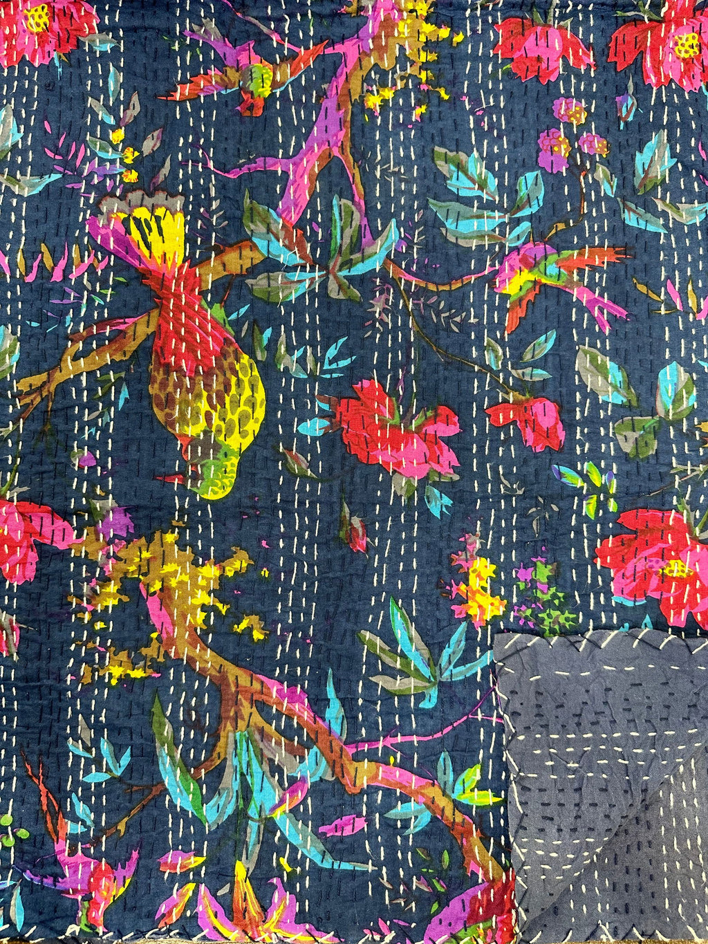 reversible Kantha-stitched block-printed Cotton Throw in blue bird