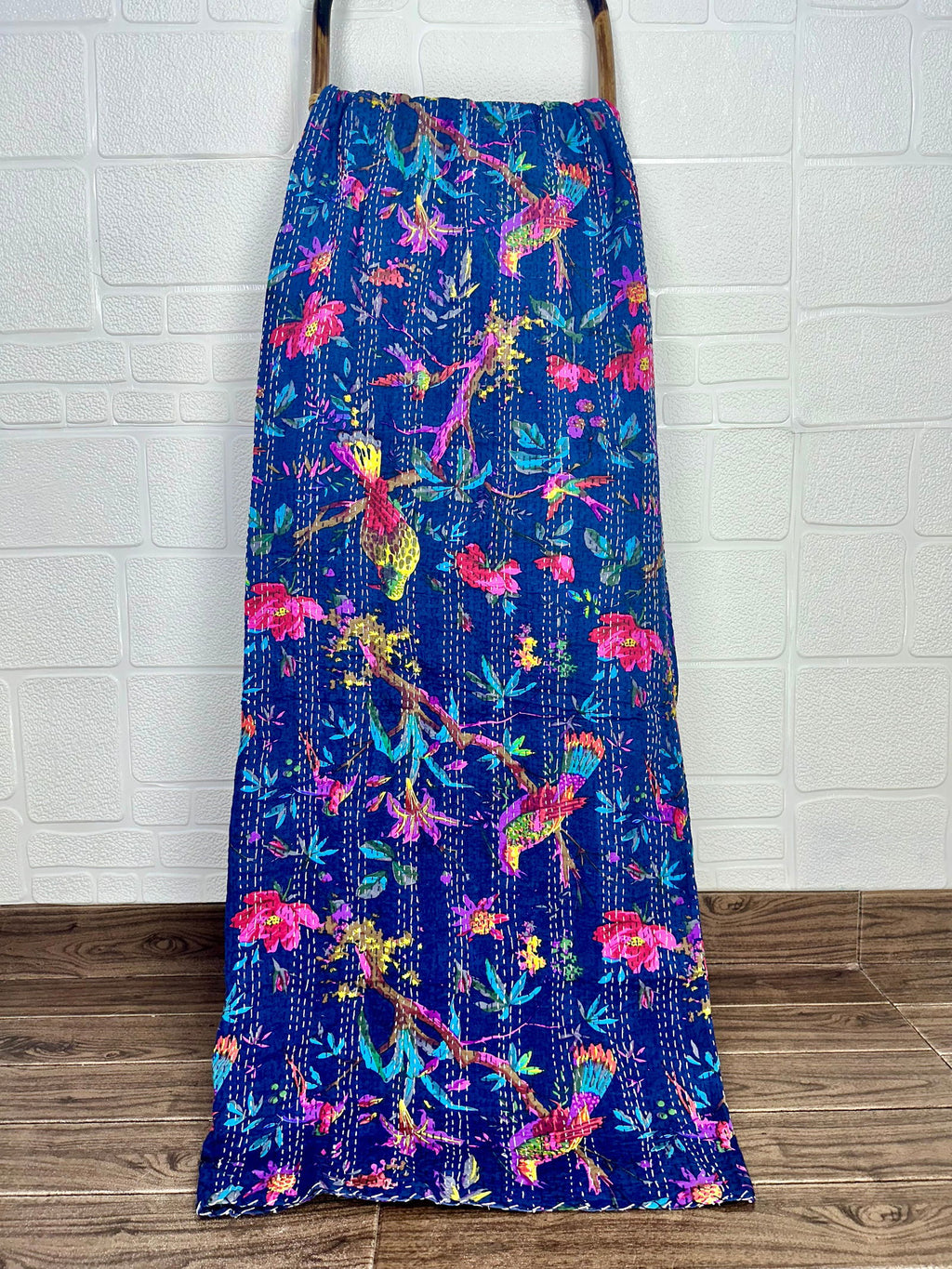 reversible Kantha-stitched block-printed Cotton Throw in blue bird